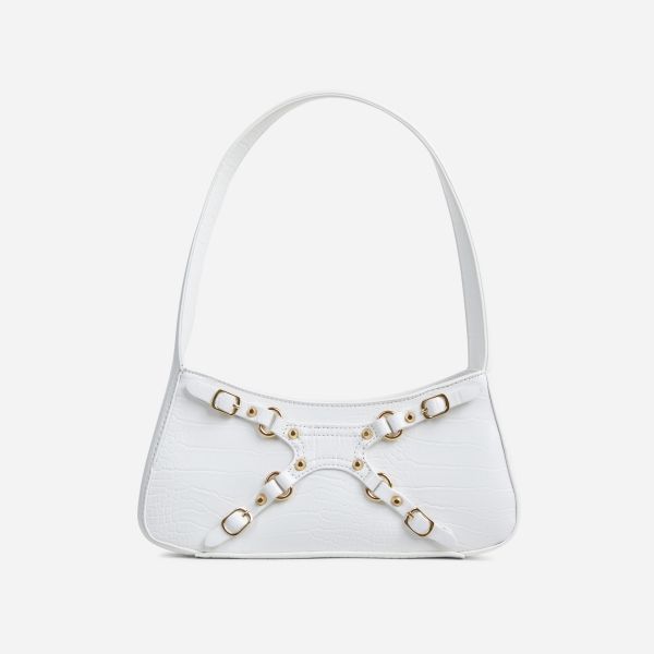 Fatima Buckle Detail Rectangle Shaped Shoulder Bag In White Croc Print Faux Leather
