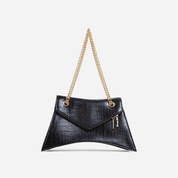 Becky Chain Strap Shaped Shoulder Bag In Black Croc Print Faux Leather