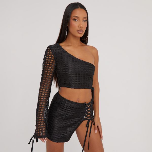 One Sleeve Lace Up Side Detail Crop Top In Black Texture