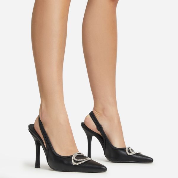 Interlocking Diamante Detail Pointed Toe Slingback Court Heel In Black Faux Leather