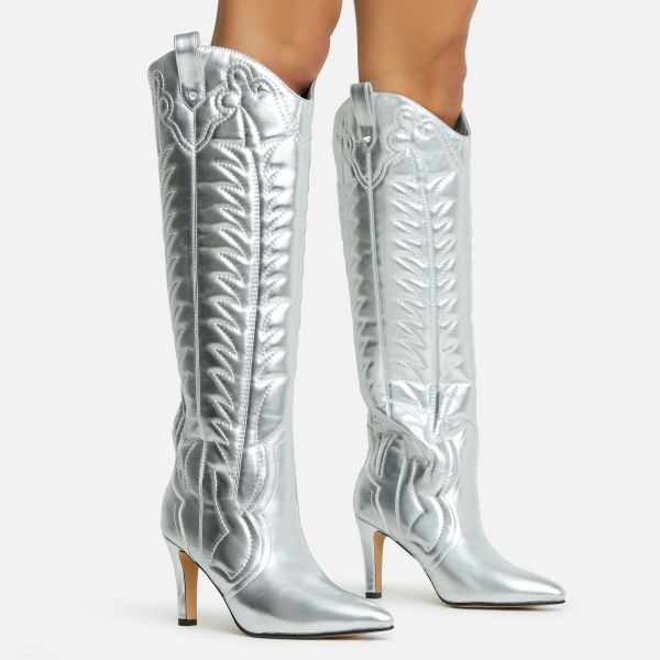 The Professional Embroidered Detail Pointed Toe Thin Block Heel Knee High Western Cowboy Long Boot In Silver Faux Leather