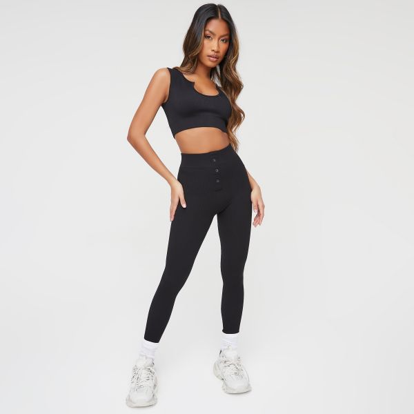 High Waist Button Front Detail Seamless Leggings In Black Ribbed