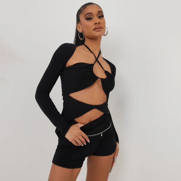 Long Sleeve Cross Strap Cut Out Ruched Detail Top In Black Slinky
