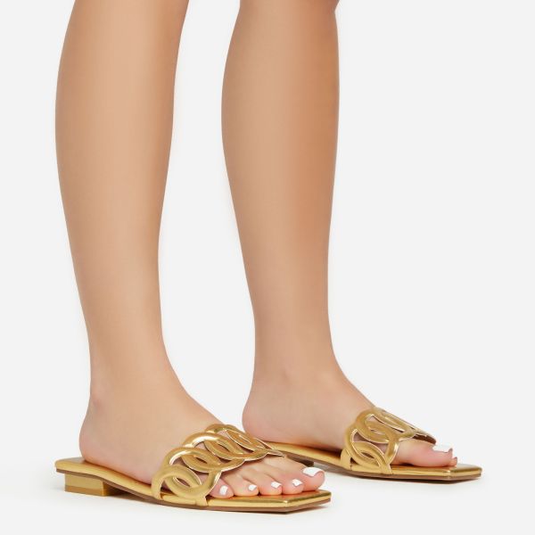 All-The-Way-Up Cut Out Strap Detail Square Toe Flat Slider Sandal In Gold Faux Leather