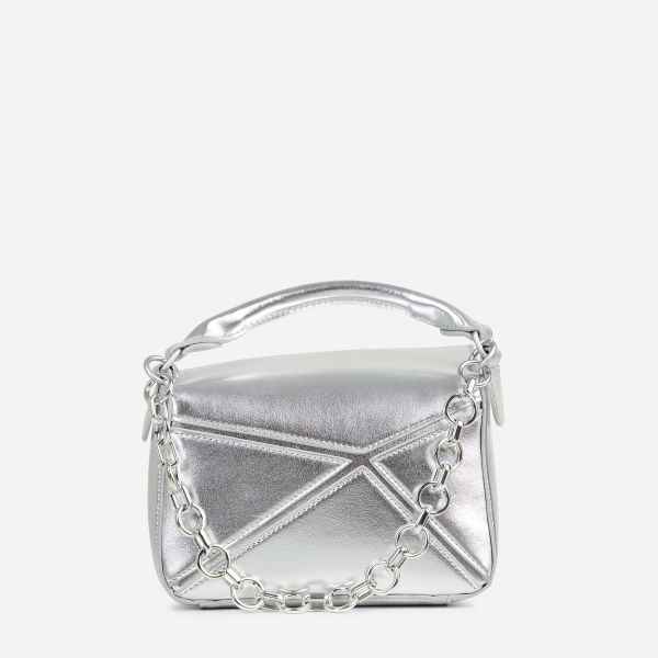 Timber Chain Detail Top Handle Grab Bag In Silver Faux Leather