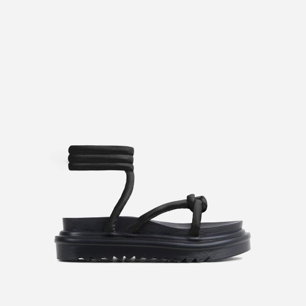Ridgewood Lace Up Chunky Sole Flat Sandal In Black Faux Leather