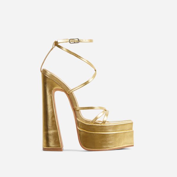 Whole-Life Strappy Pointed Toe Extreme Platform Block Heel In Gold Faux Leather