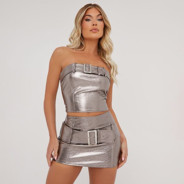 Buckle Belt Detail Mini Bodycon Skirt In Silver Metallic Faux Leather | EGO