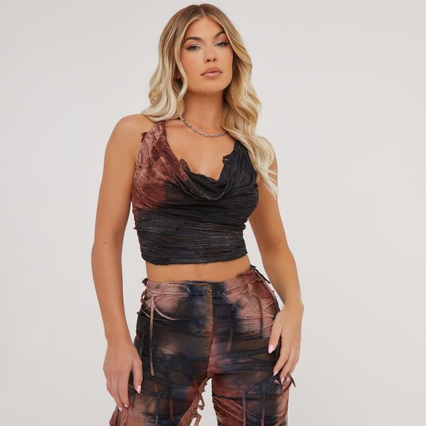 Cowl Neck Distressed Detail Open Back Top In Acid Wash Brown