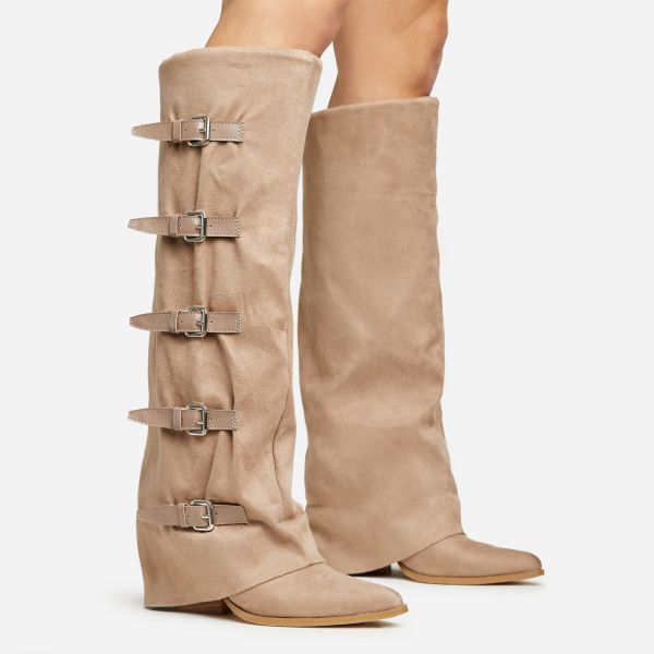 Take-Aim Multi Buckle Detail Pointed Toe Block Heel Knee High Long Boot In Taupe Faux Suede