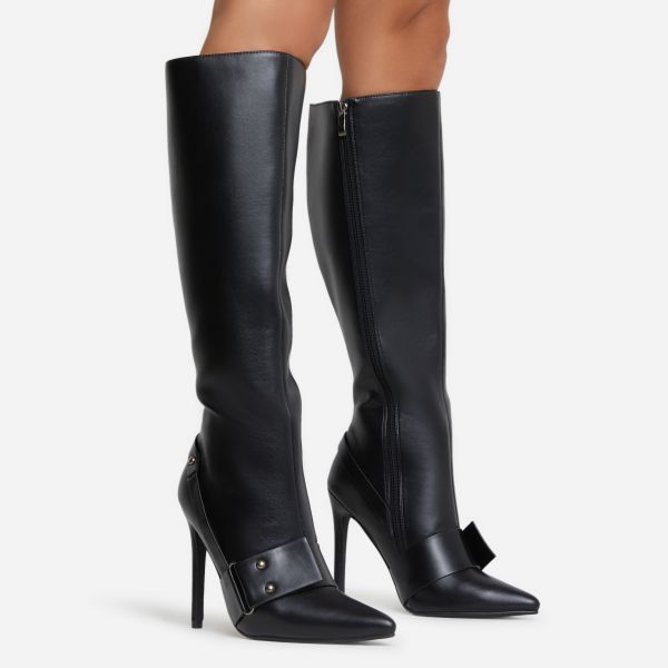 Varsity Buckle Detail Pointed Tow Stiletto Heel Knee High Boot In Black Faux Leather
