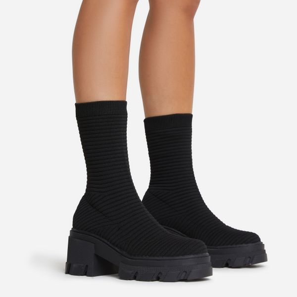 Life-Changing Chunky Sole Ankle Sock Boot In Black Ribbed Knit