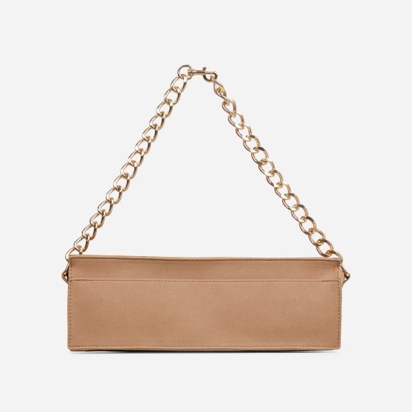 Lighter Chain Detail Rectangle Shaped Shoulder Bag In Nude Faux Suede