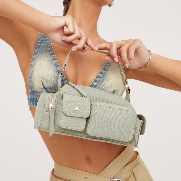 Zizi Pocket Detail Rectangle Shaped Shoulder Bag In Green And Yellow Denim