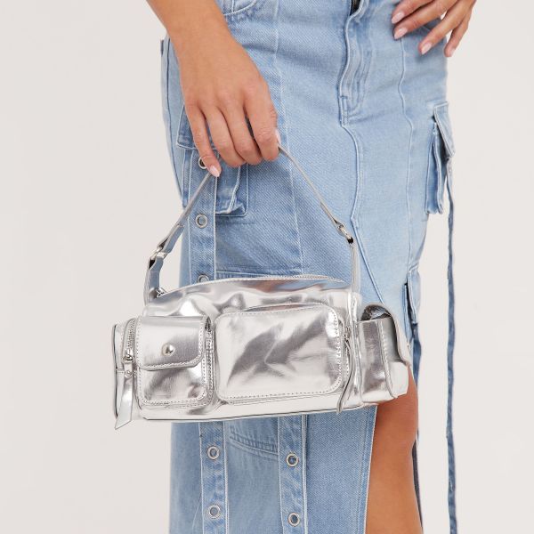 Zizi Pocket Detail Rectangle Shaped Shoulder Bag In Silver Faux Leather