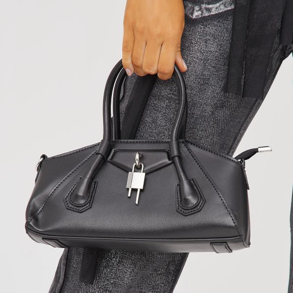 Black faux leather padlock detail tote bag image 1