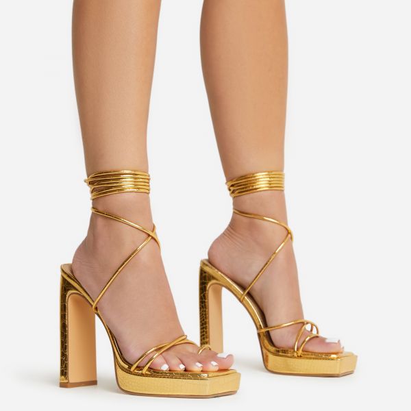 Gemini Strappy Lace Up Square Toe Platform Thin Block Heel In Gold Croc Print Faux Leather