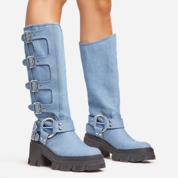 Blue denim chunky sole mid-calf biker boot with side buckle detail image 1