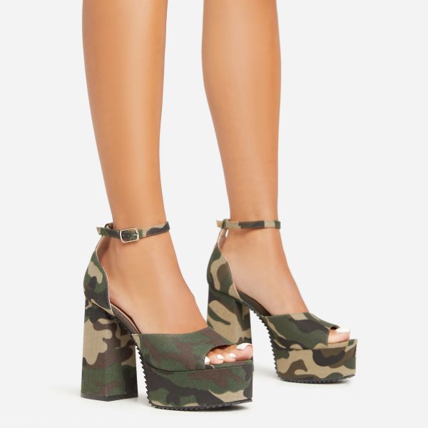 Army Track Sole Peep Toe Ankle Strap Platform Block Heel In Khaki Camo Print