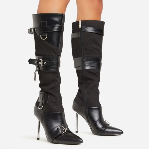 Dove Multi Buckle Strap Pointed Toe Metallic Stiletto Heel Knee High Long Boot In Black Denim And Faux Leather