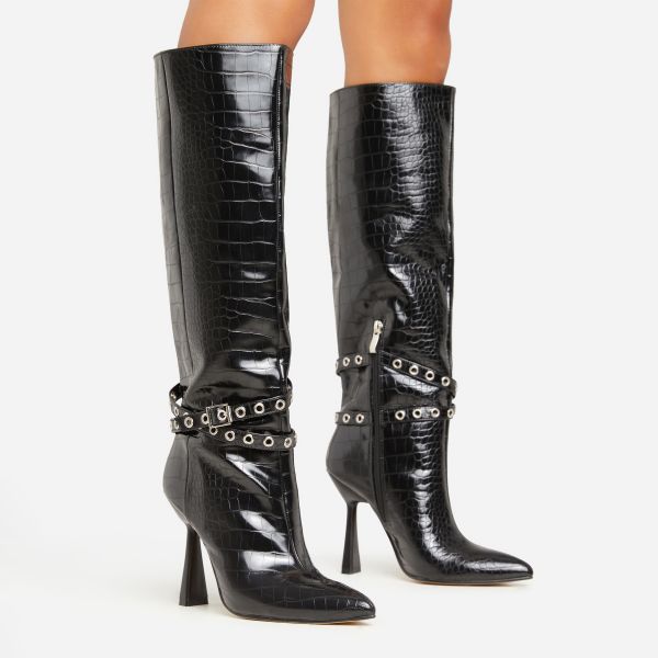 Ridley Eyelet Buckle Detail Pointed Toe Thin Flared Block Heel Knee High Long Boot In Black Croc Print Faux Leather