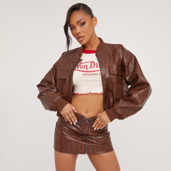 Long Sleeve Pocket Detail Bomber Jacket In Brown Cracked Faux Leather