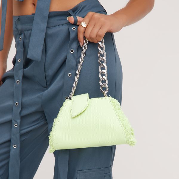 Shor Frayed Edge Detail Chain Strap Shaped Shoulder Bag In Lime Green Denim