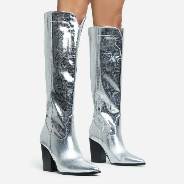 Gaia Pointed Toe Block Heel Knee High Long Western Cowboy Boot In Silver Croc Print Faux Leather
