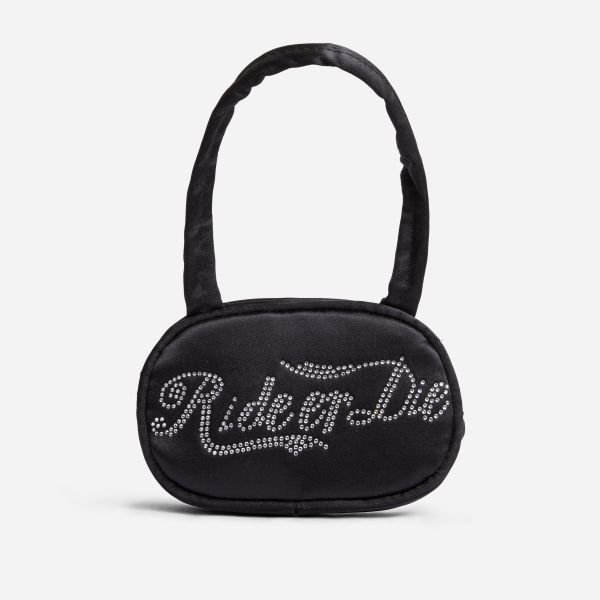 Baddie Diamante Ride Or Die Slogan Mini Grab Bag In Black Satin