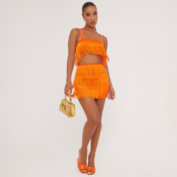 High Waist Tassel Detail Mini Bodycon Skirt In Orange