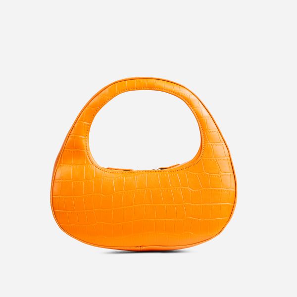 Alba Shaped Shoulder Bag In Orange Croc Print Faux Leather