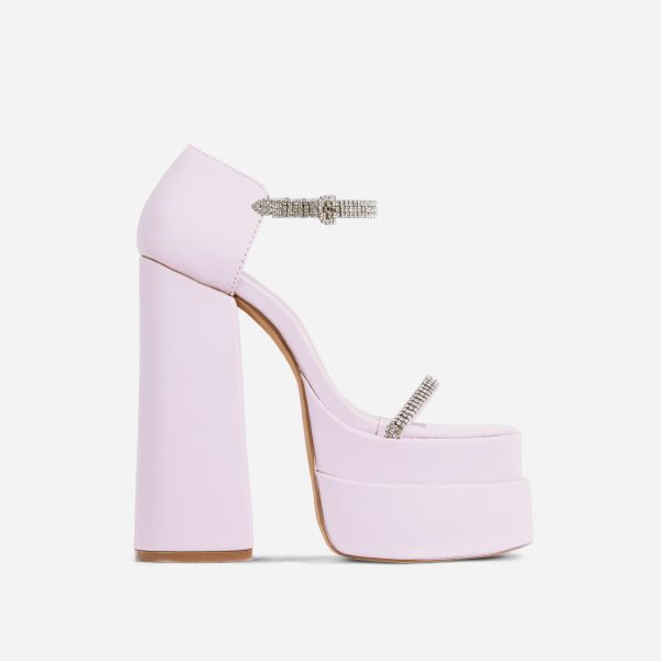 Peggie Diamante Strap Open Square Toe Extreme Platform Block Heel In Pink Faux Leather