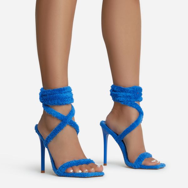Davana Lace Up Strappy Square Toe Stiletto Heel In Blue Terry Towel Fabric