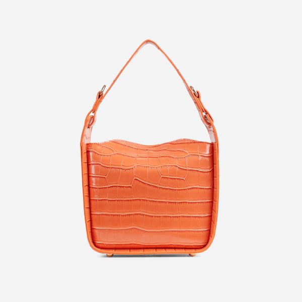 Denver Shaped Shoulder Bag In Orange Croc Print Faux Leather