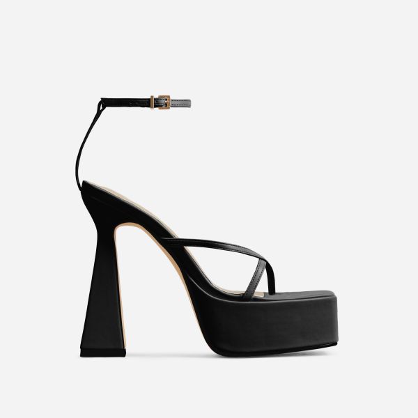 Dion Ankle Strap Square Toe Platform Flared Block Heel In Black Faux Leather