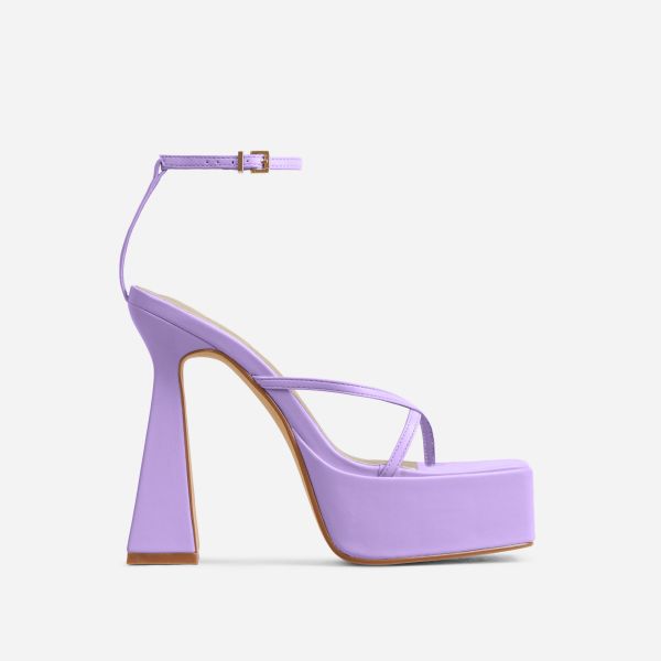 Dion Ankle Strap Square Toe Platform Flared Block Heel In Lilac Faux Leather