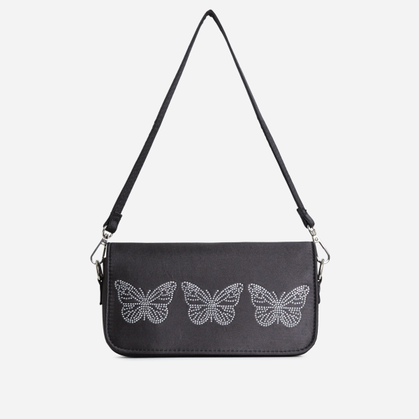 Flutter Diamante Butterfly Detail Shoulder Bag In Black Satin