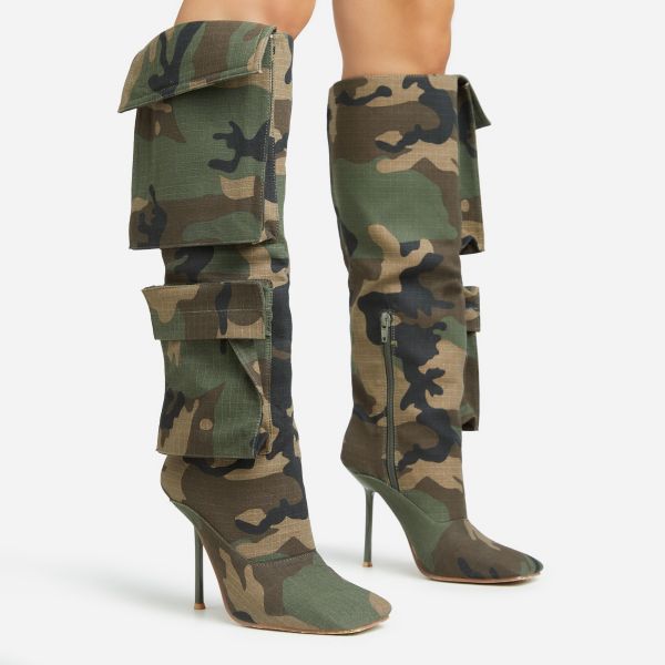 Wolfy Multi Pocket Detail Square Toe Stiletto Heel Knee High Long Boot In Camo Print