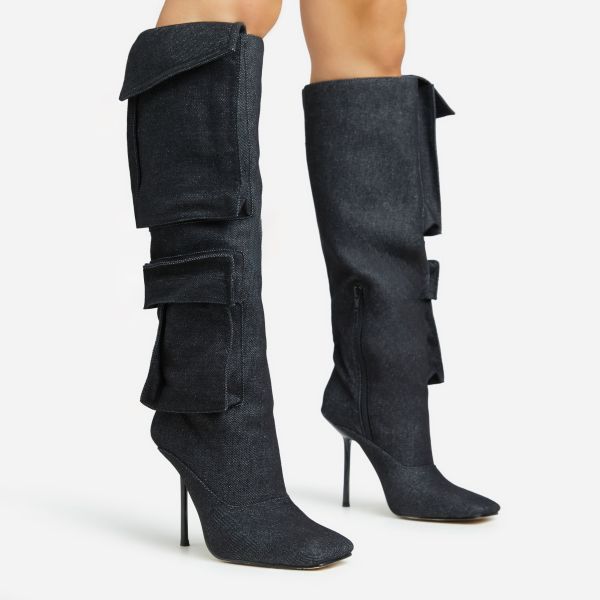 Wolfy Multi Pocket Detail Square Toe Stiletto Heel Knee High Long Boot In Black Denim