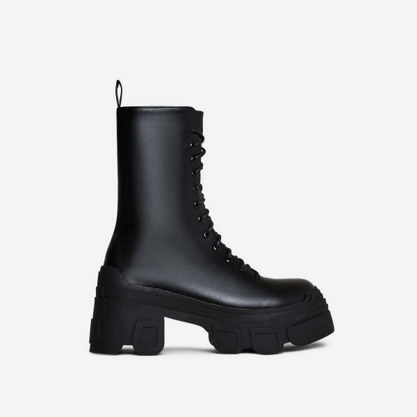 Gia Chunky Sole Lace Up Ankle Biker Boot In Black Faux Leather