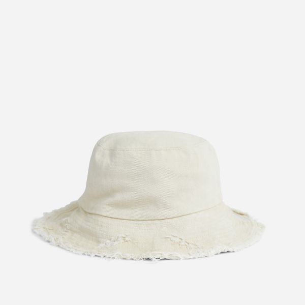 Distressed Oversized Bucket Hat In Cream Nude Denim