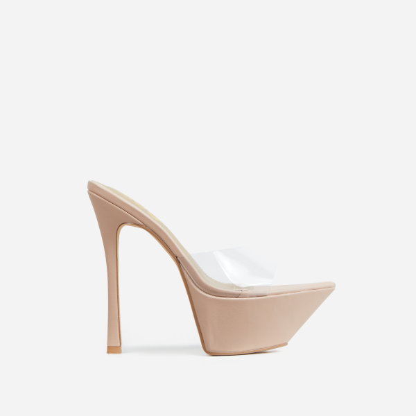 Jungle-Fever Clear Perspex Strap Pointed Toe Statement Platform Stiletto Heel Mule In Nude Faux Leather