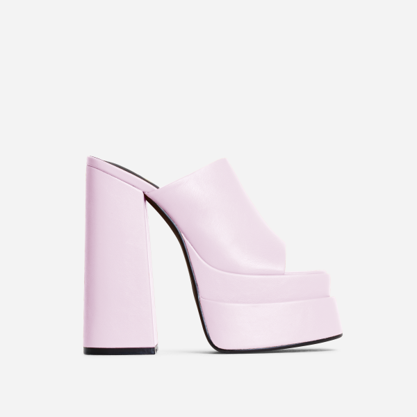 Kiss-N-Tell Square Peep Toe Statement Platform Block Heel Mule In Light Pink Faux Leather