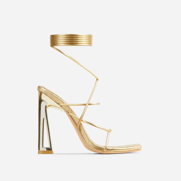 Wake-Me-Up Lace Up Square Toe Thin Curved Heel In Gold Metallic Faux Leather