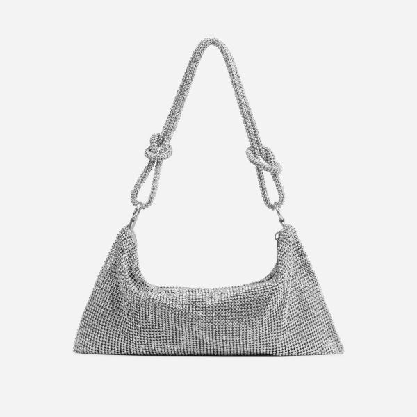Opal Knotted Strap Detail Slouch Shoulder Bag In Silver Diamante