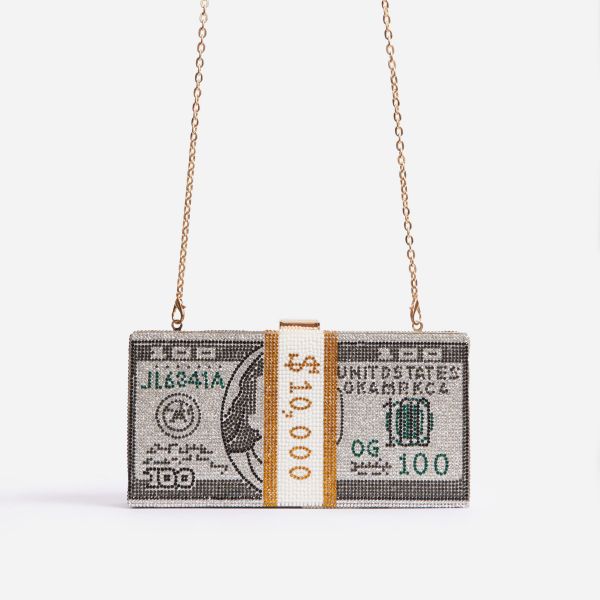 Boujee Premium Crystal Dollar Bill Cross Body Bag In Silver