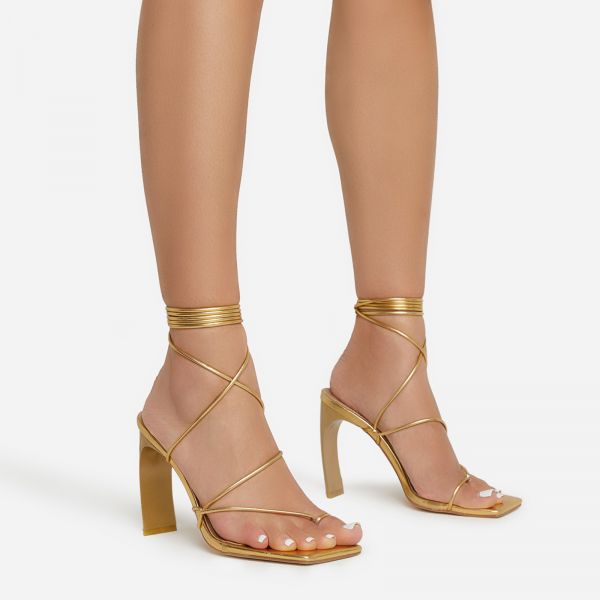 Wake-Me-Up Lace Up Square Toe Thin Curved Heel In Gold Metallic Faux Leather