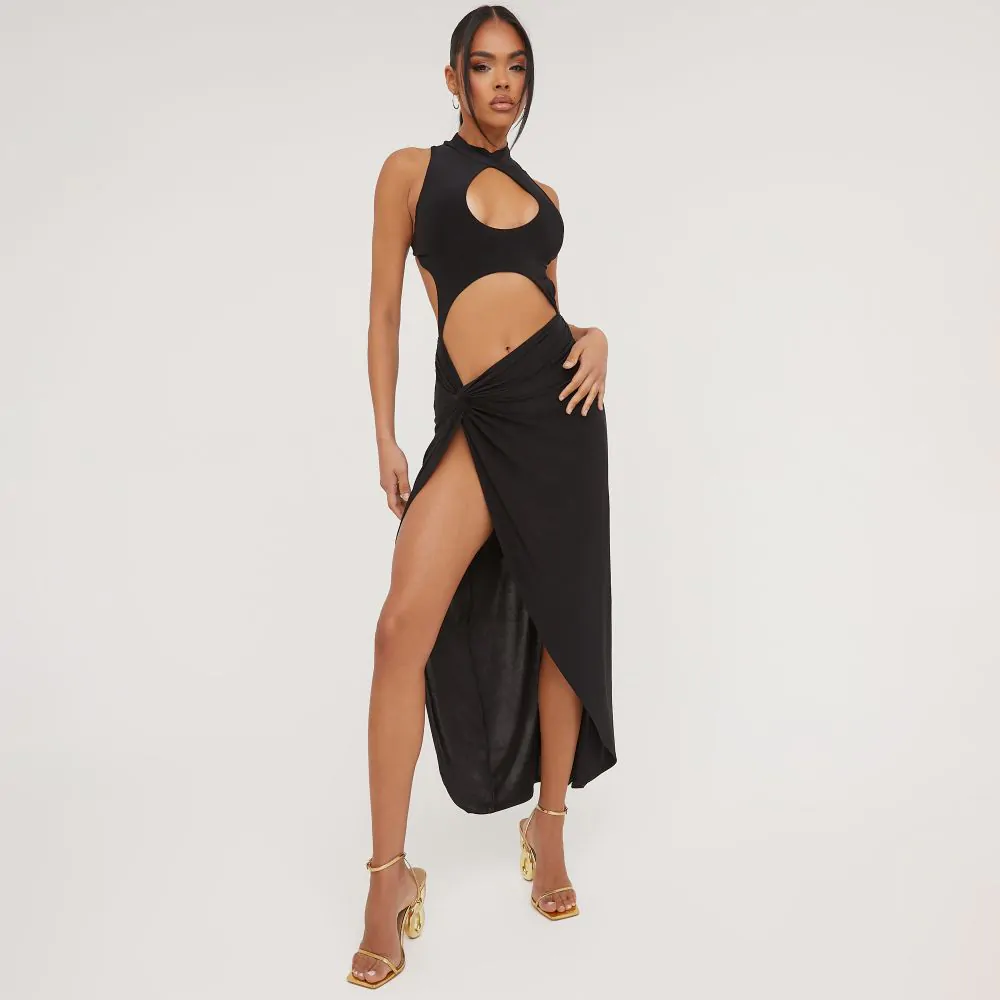 HIGH NECK CUT OUT KEYHOLE DETAIL KNOT SIDE MAXI DRESS IN BLACK