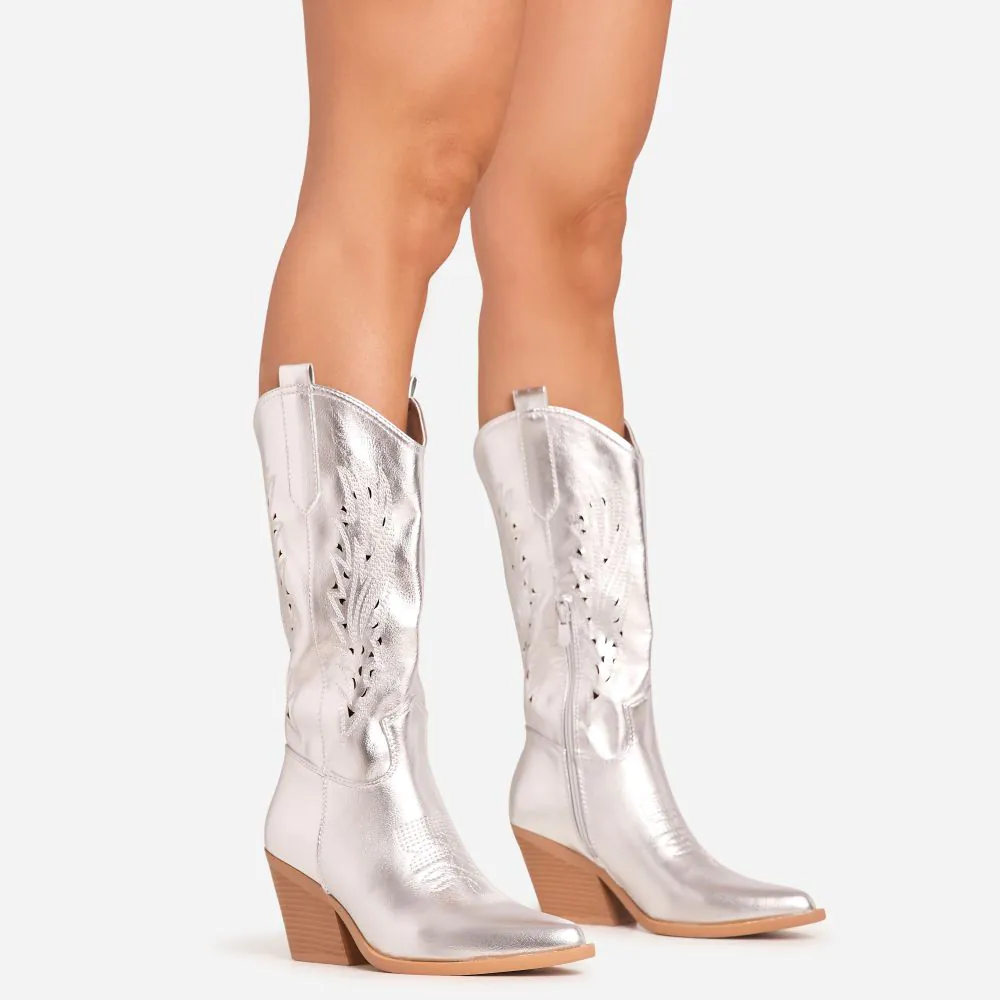 Champion Cut Out Laser Detail Pointed Toe Mid Calf Western Cowboy Boot In Silver Faux Leather