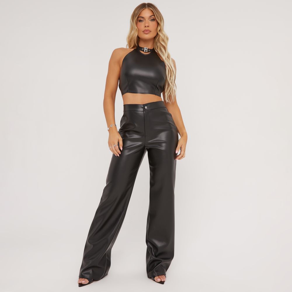 High Waist Wide Leg Trousers In Black Faux Leather | EGO